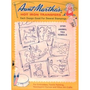 Aunt Martha's Hot Iron Transfers 3789 Animal Tea Towels Days of the Week Vintage